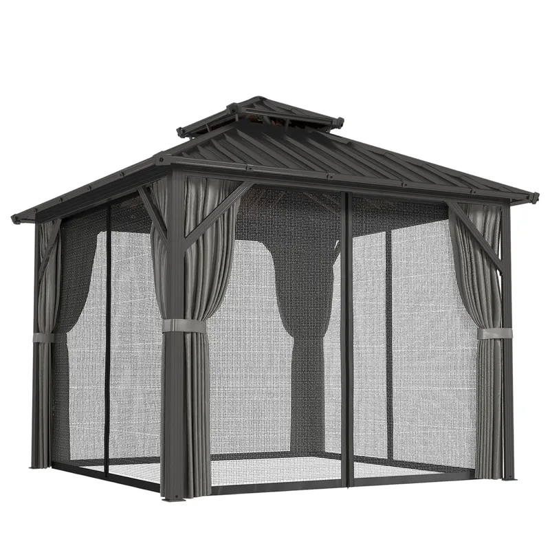 Outsunny Pavillon 3 x 3 m mit Hartdach aus feuerverzinktem Stahl, UPF50+ Schutz, Aluminiumrahmen, Vorhänge und Moskitonetz, Deckenhaken, Dunkelgrau