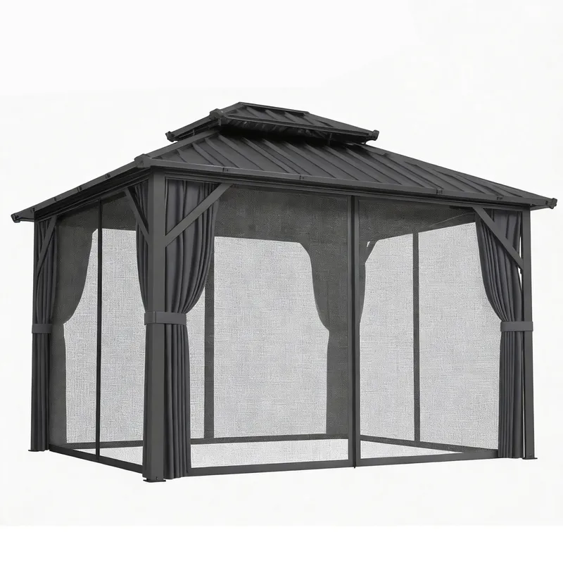 Outsunny Pavillon 3 x 3,6 m mit verzinktem Stahl-Hartdach, UPF50+ Schutz, Aluminiumgestell, Vorhänge und Moskitonetz, Deckenhaken, Dunkelgrau