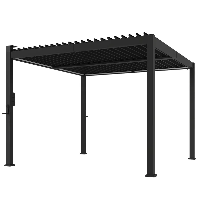 Outsunny Pergola 3 x 3 m Terrassenüberdachung mit Solar LED-Beleuchtung verstellbar Lamellendach Kurbelgriff Entwässerungsrinnen, wetterfest stabil Pavillon Terrassendach Gartenpavillon Schwarz